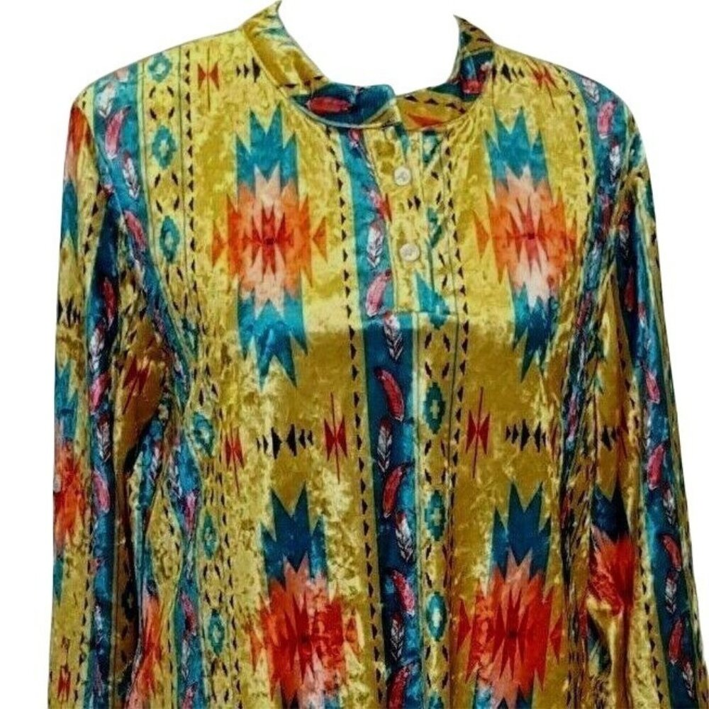 Women's Size Large Top Velour Aztec Yellow Tunic Roll Tab Sleeve Band Collar